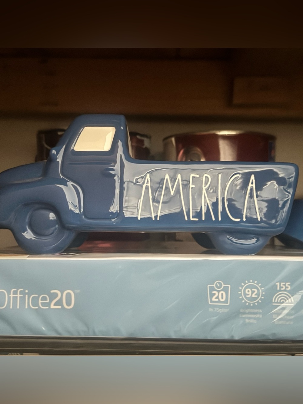 Blue Ceramic Truck Planter with 'America' Script